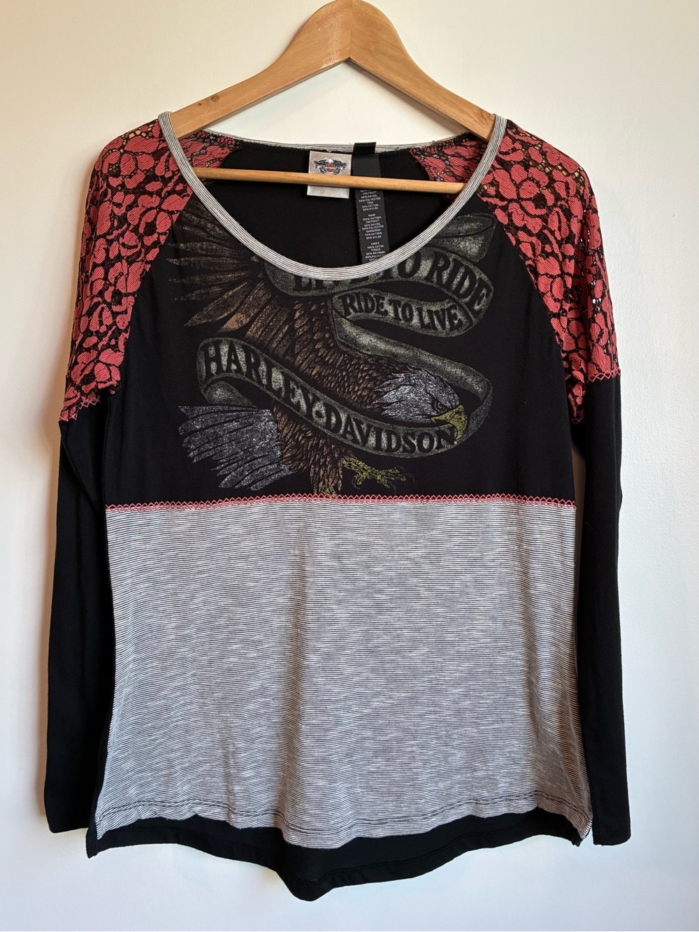 Harley-Davidson Live to Ride Eagle Lace Mesh Mixed Media Top M